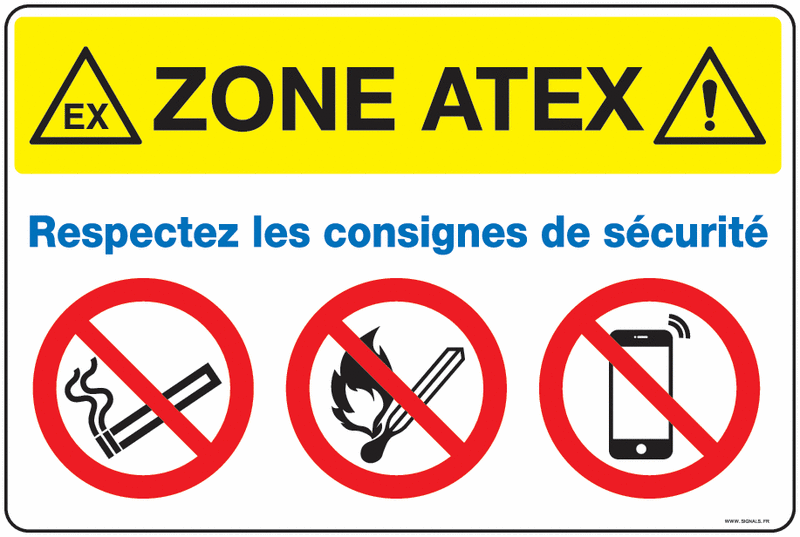 Panneau de signalisation indiquant une zone ATEX avec interdiction de fumer, d'utiliser des flammes nues et des appareils électroniques non protégés, conformément aux consignes de sécurité.